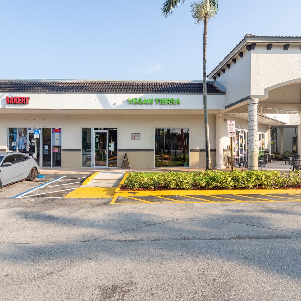Sunny strip mall storefront featuring Vegan Tierra, a bakery, outdoor patio seating, palm trees, and accessible parking.