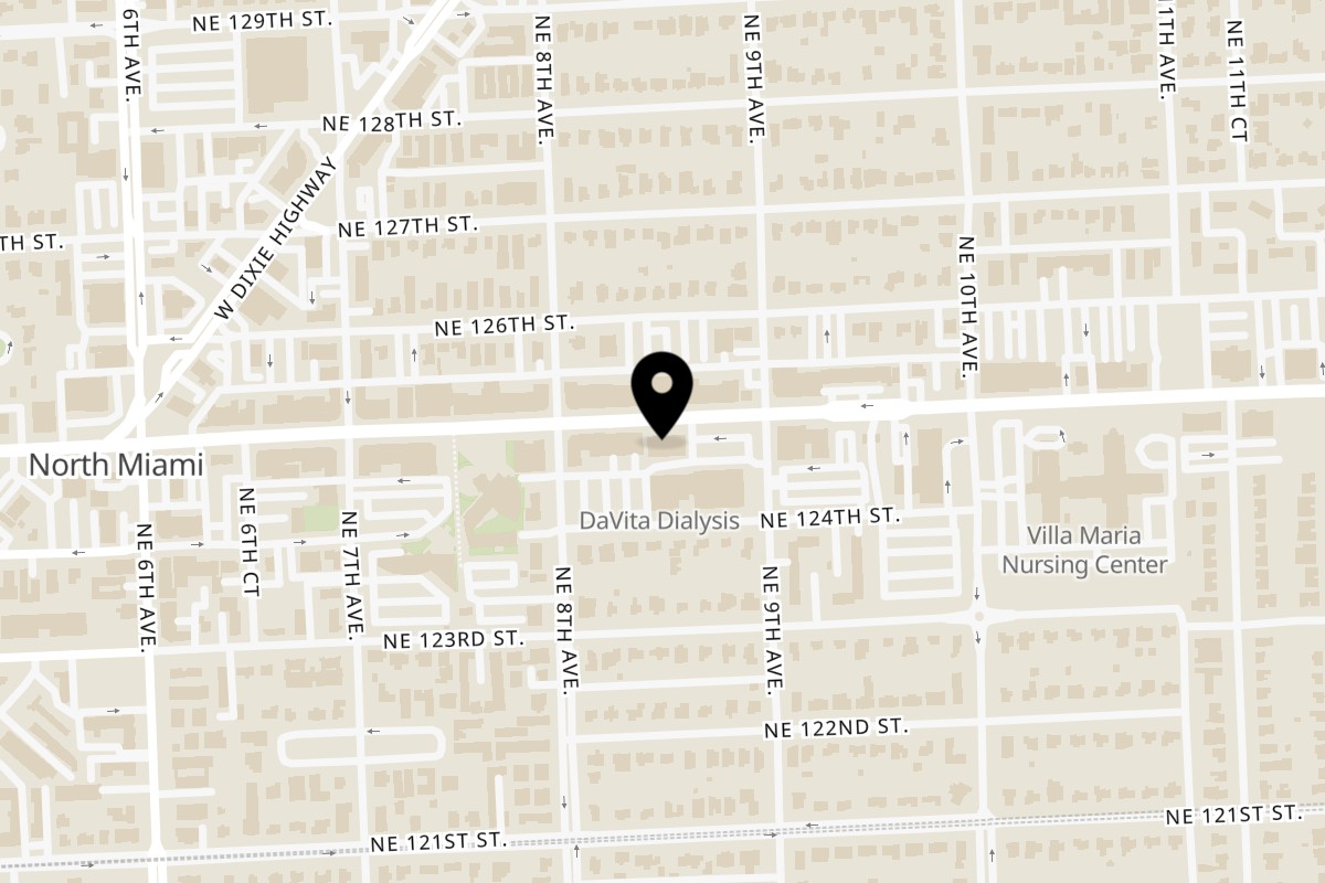 Map showing the location of Vegan Tierra North Miami on 850 NE 125th St suite d in Miami